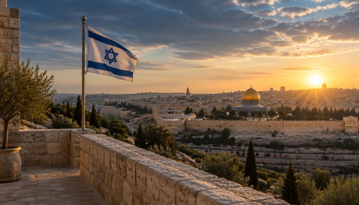 Jérusalem au lever du soleil, drapeau d’Israël au premier plan